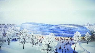 北京2022年冬奥会标志性建筑——国家速滑馆"冰丝带"效果图.